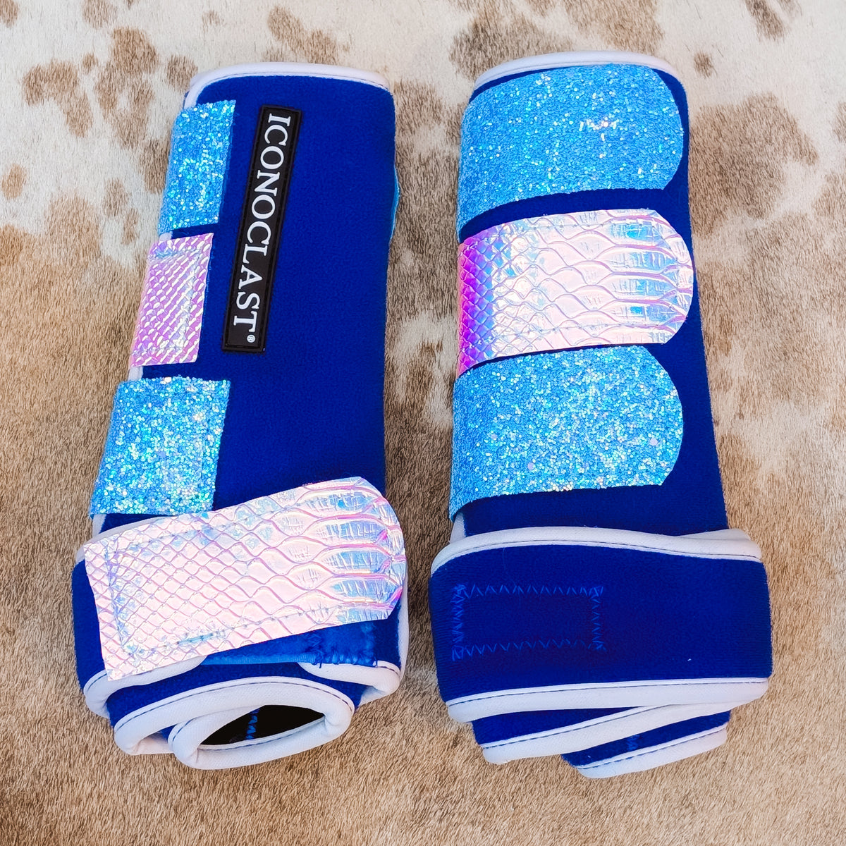 Large Blue Dyed Iconoclast Fronts w/ Pink Holo Python and Light Blue Glitter Straps
