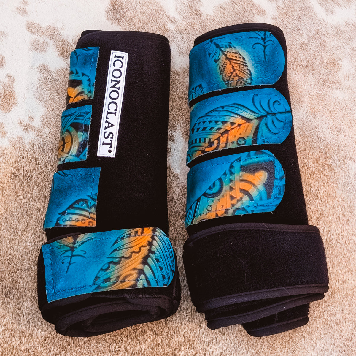 Large Black Iconoclast Fronts w/ Turquoise & Orange Feather Leather Straps