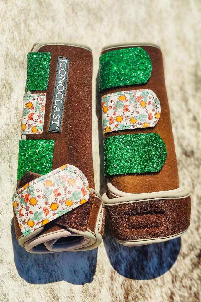 Brown Dyed Iconoclast Fronts w/ Western Leather &amp; Green Glitter Leather Straps - Large - The Glamorous Cowgirl