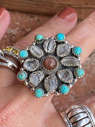 Handmade Garnet Sterling Silver, Turquoise &amp; Herkimer Diamond Cluster Adjustable Ring - The Glamorous Cowgirl