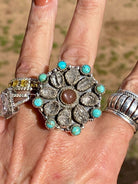 Handmade Garnet Sterling Silver, Turquoise &amp; Herkimer Diamond Cluster Adjustable Ring - The Glamorous Cowgirl