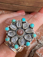 Handmade Garnet Sterling Silver, Turquoise &amp; Herkimer Diamond Cluster Adjustable Ring - The Glamorous Cowgirl