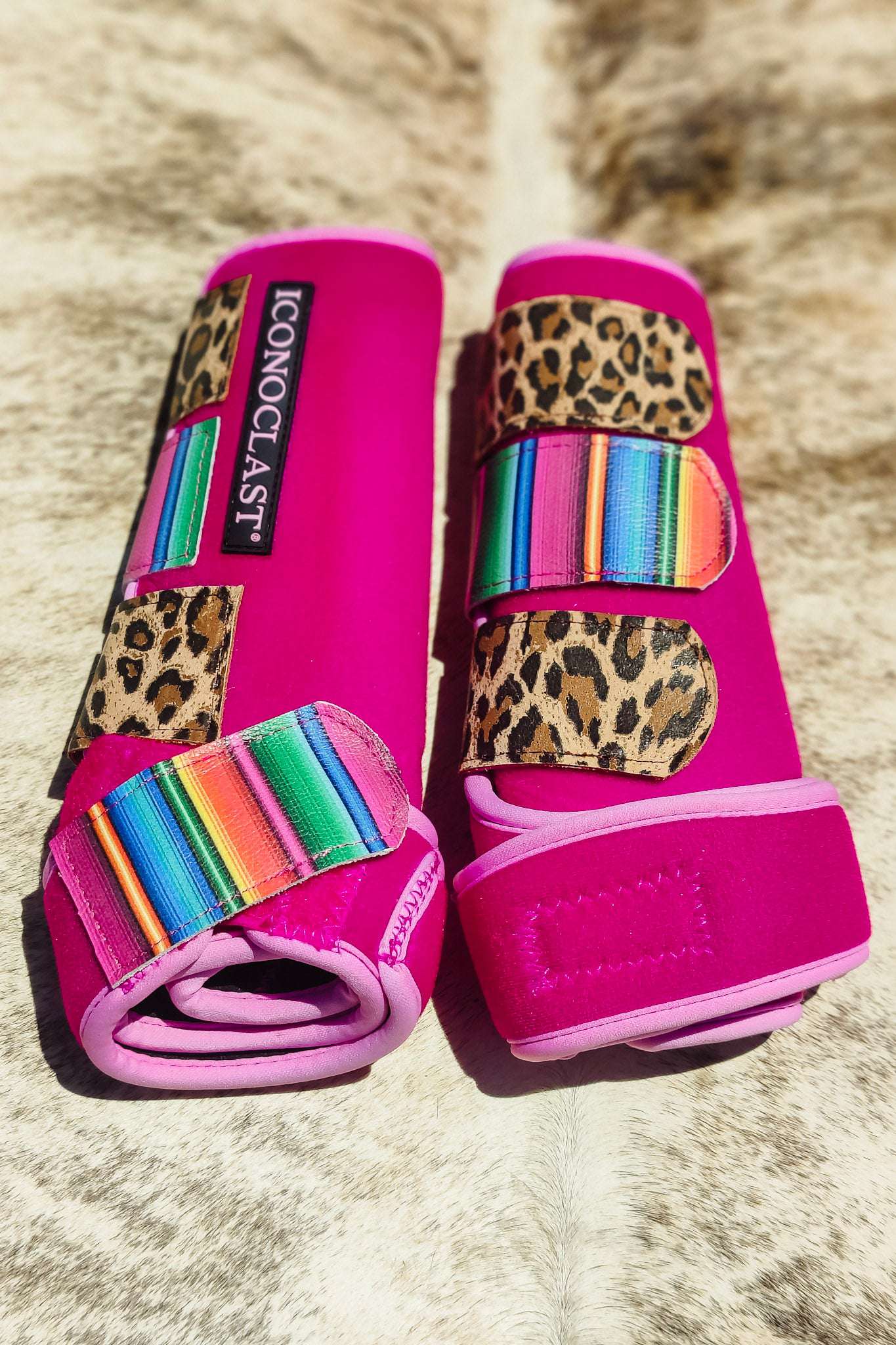 Pink Dyed Iconoclast Fronts w/ Serape Cheetah Leather Straps  - Large - The Glamorous Cowgirl