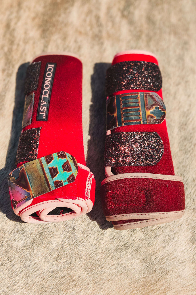 Red To Wine Double Dip Dyed Iconoclast Fronts w/ Aztec Leather &amp; Brown Glitter Leather Straps - Large - The Glamorous Cowgirl