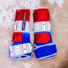 Medium Blue to Red Double Dyed Iconoclast Fronts w/ Red, White, & Bows Faux Leather and Red Glitter Straps
