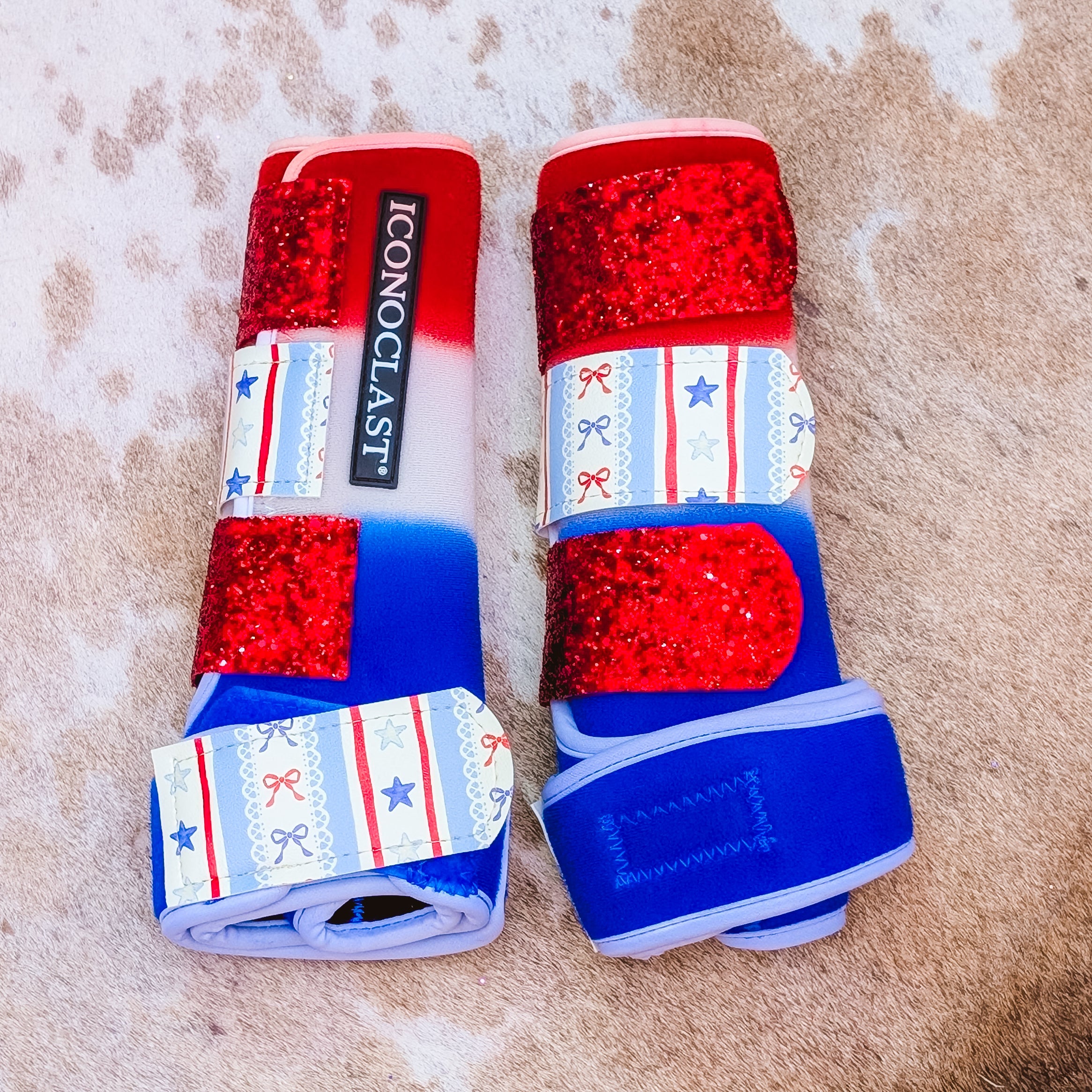 Medium Blue to Red Double Dyed Iconoclast Fronts w/ Red, White, & Bows Faux Leather and Red Glitter Straps