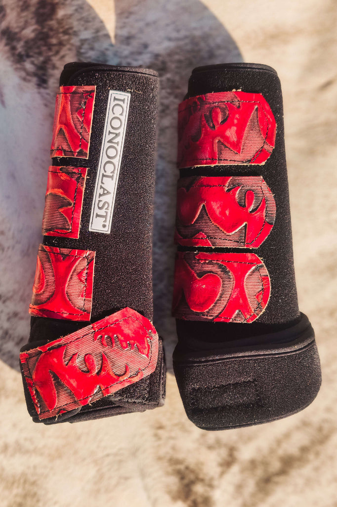 Black Iconoclast Fronts w/ Red Tooled Lerado Leather Straps  - Large - The Glamorous Cowgirl