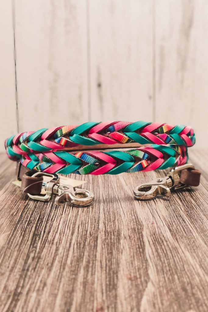 Pink, Turquoise, &amp; Serape Triple Laced Barrel Reins - The Glamorous Cowgirl