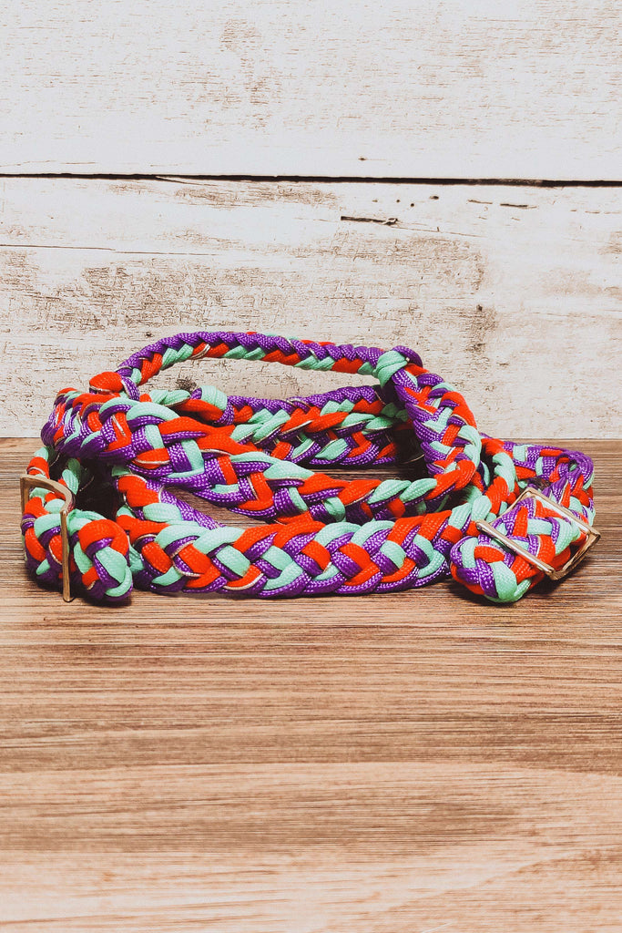 Purple, Turquoise, Red, And Silver Paracord Reins - The Glamorous Cowgirl