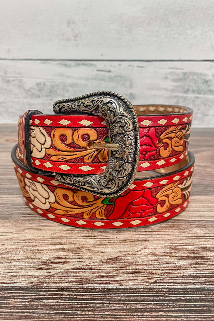 Red Rose Feather Tooled Belt - American Darling - The Glamorous Cowgirl
