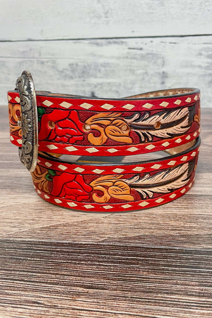 Red Rose Feather Tooled Belt - American Darling - The Glamorous Cowgirl