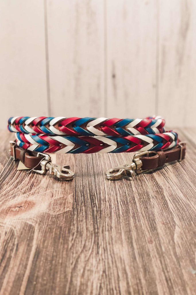 Red White &amp; Blue Triple Laced Barrel Reins - The Glamorous Cowgirl