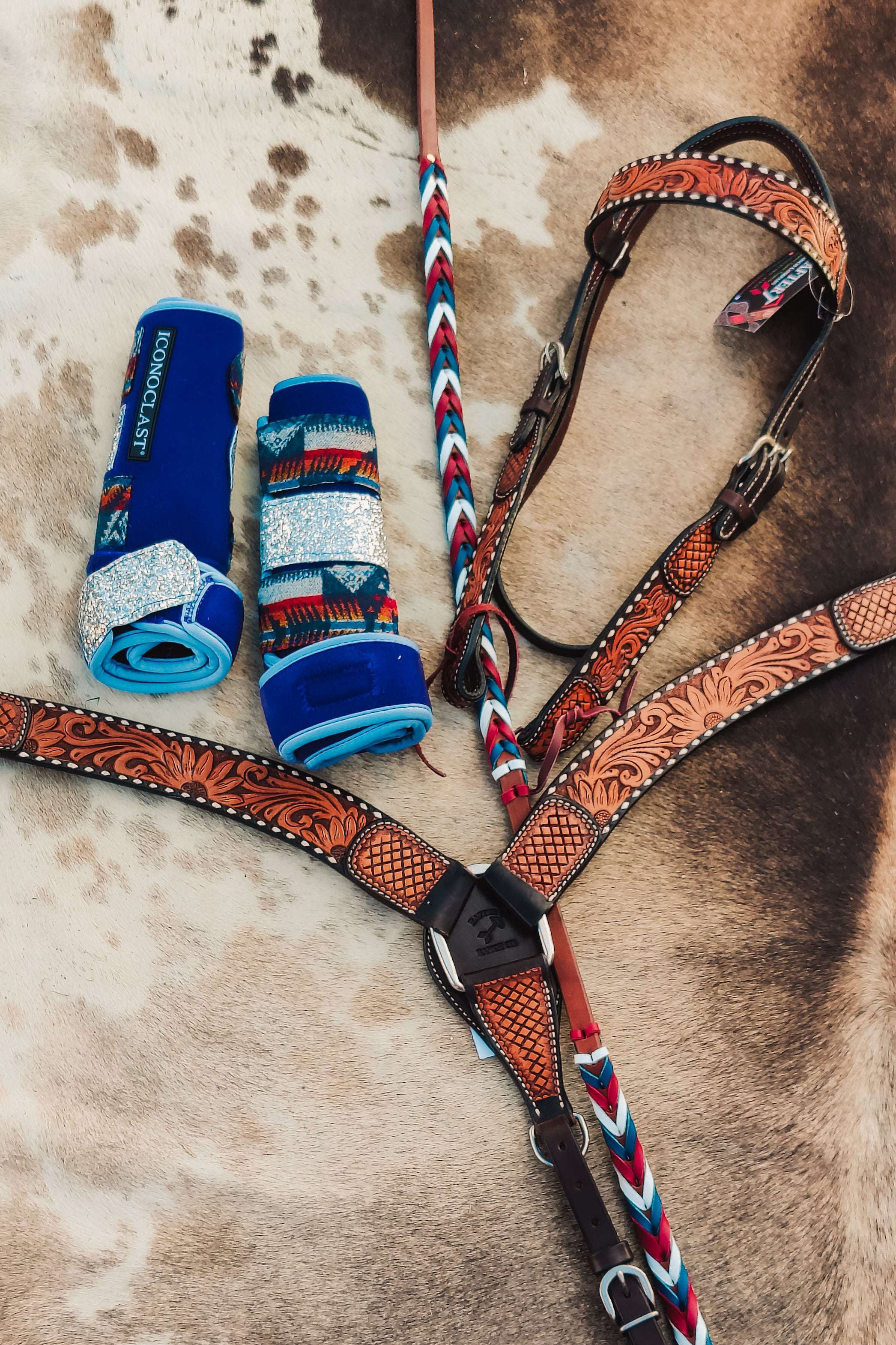 Western Brown Leather Bling Tack Set With White & Red Buckstitch