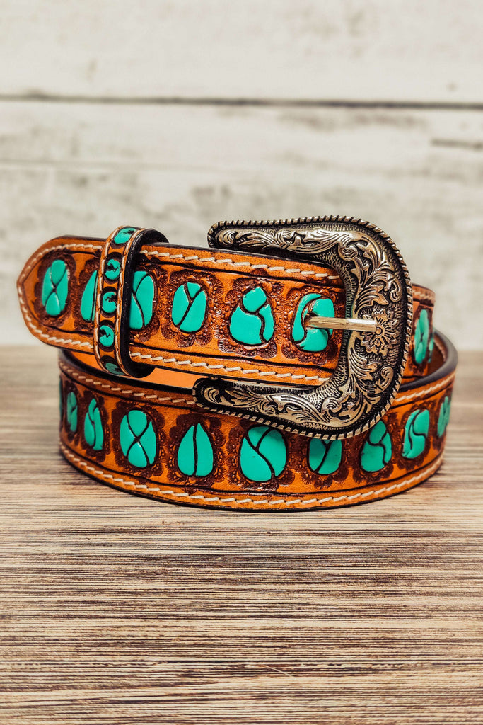 Tooled Turquoise Stone Belt - American Darling - The Glamorous Cowgirl