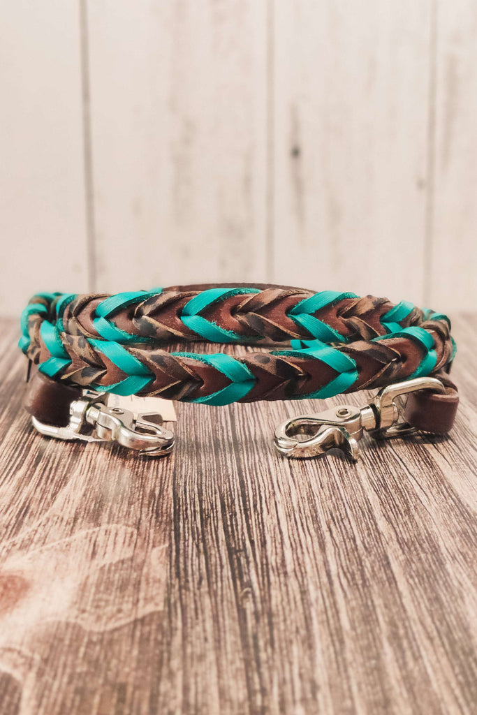 Turquoise &amp; Cheetah Double Laced Barrel Reins - The Glamorous Cowgirl