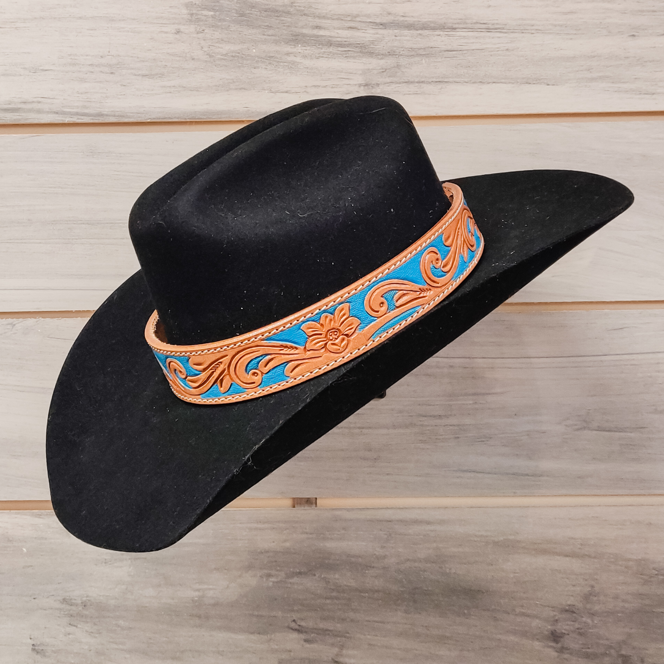 Turquoise Leather Tooled Hat Band - The Glamorous Cowgirl