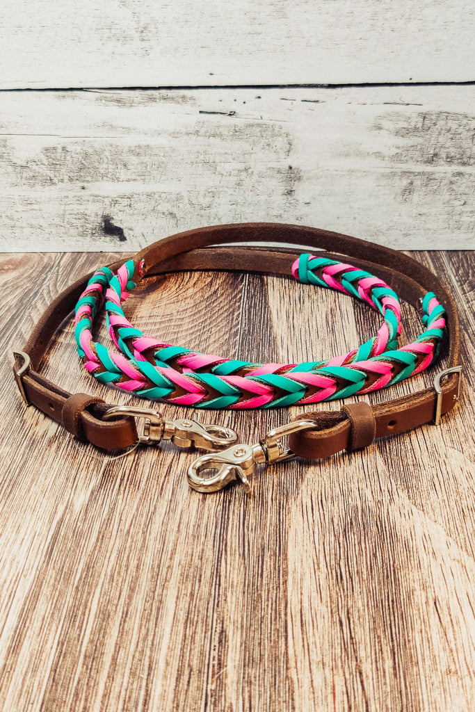 Turquoise Pink Double Laced Barrel Reins - The Glamorous Cowgirl